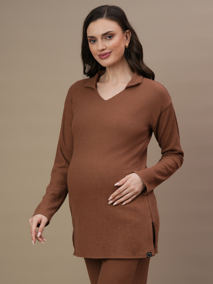 Brown Waffle Maternity Top