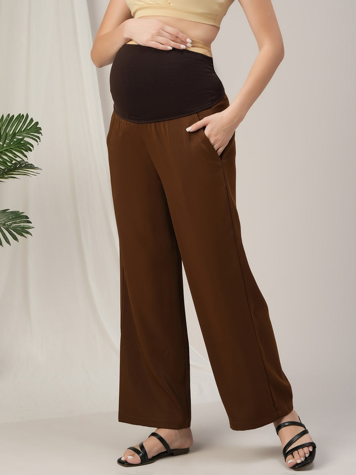 Brown Wide-Leg Maternity Korean Pants