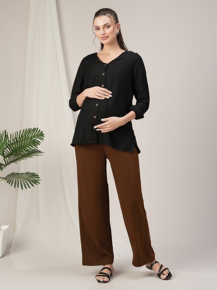 Brown Wide-Leg Maternity Korean Pants