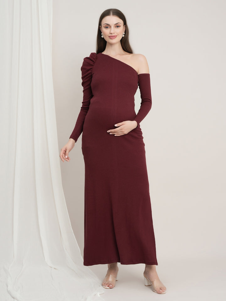 One-Shoulder Maternity Bodycon Dress - Burgundy
