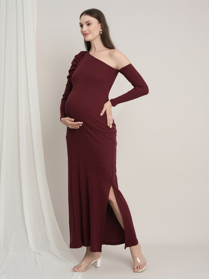 One-Shoulder Maternity Bodycon Dress - Burgundy