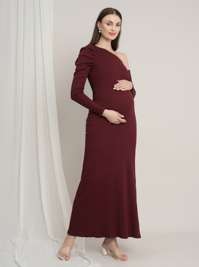One-Shoulder Maternity Bodycon Dress - Burgundy