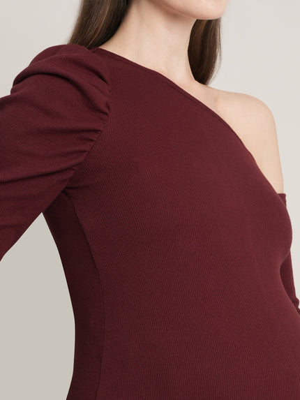 One-Shoulder Maternity Bodycon Dress - Burgundy