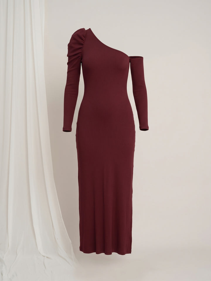 One-Shoulder Maternity Bodycon Dress - Burgundy