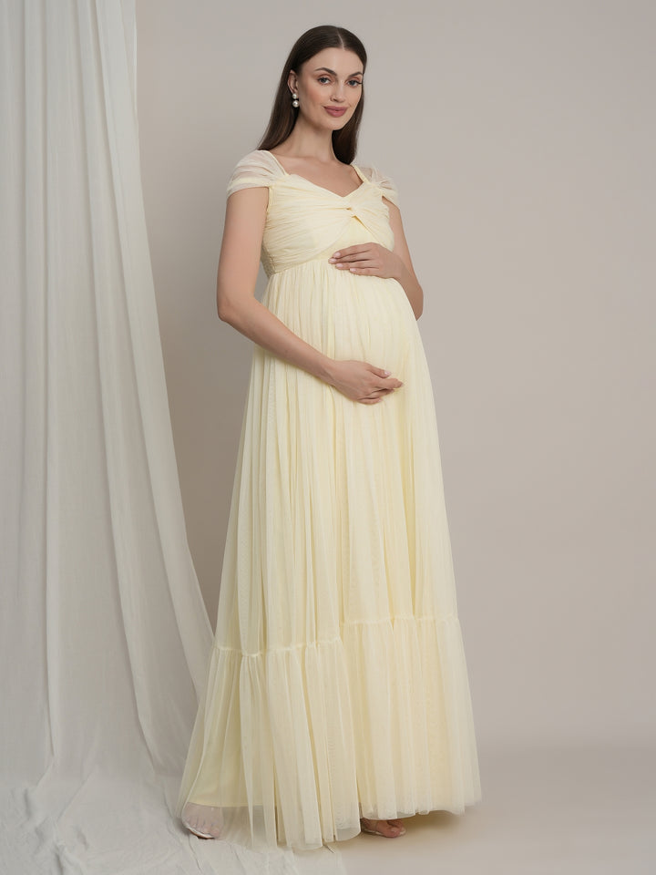 Butter Yellow Maternity Tulle Cap Sleeve Party Gown