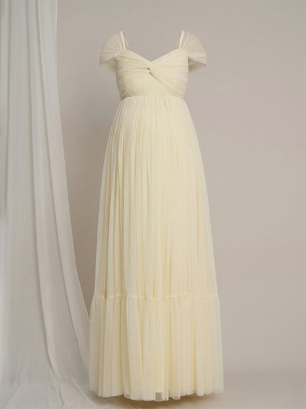 Butter Yellow Maternity Tulle Cap Sleeve Party Gown