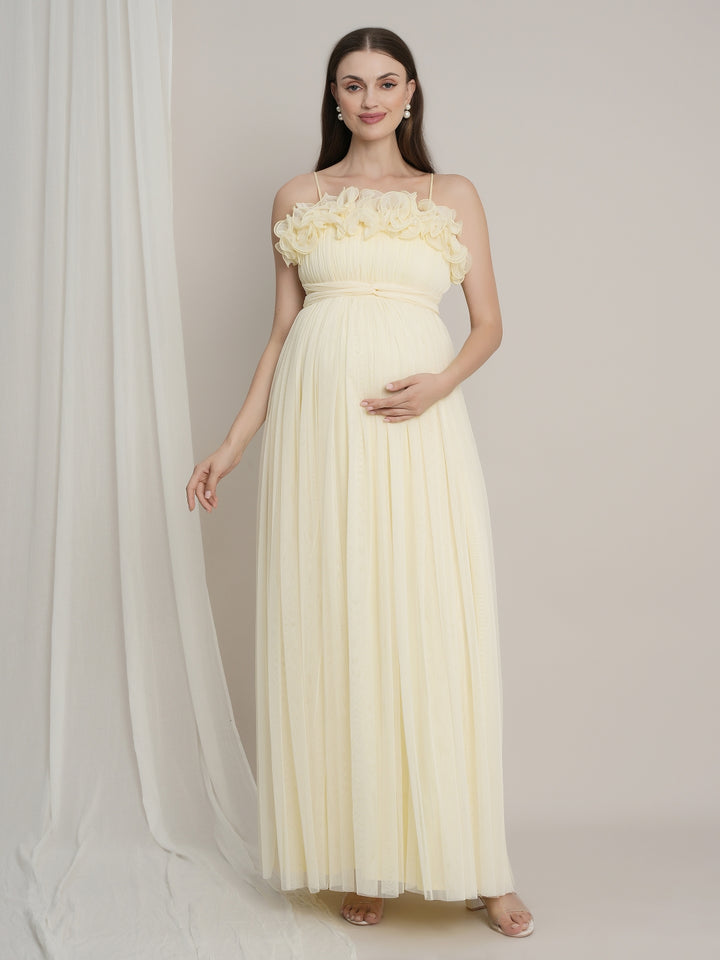 Butter Yellow Maternity Baby Shower Photoshoot Gown with Detachable Sleeves