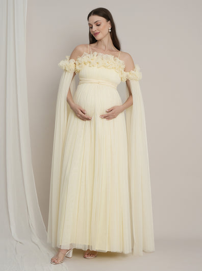 Butter Yellow Maternity Baby Shower Photoshoot Gown with Detachable Sleeves