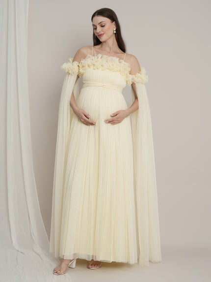 Butter Yellow Maternity Baby Shower Photoshoot Gown with Detachable Sleeves