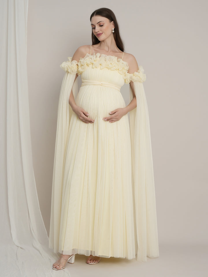 Butter Yellow Maternity Baby Shower Photoshoot Gown with Detachable Sleeves