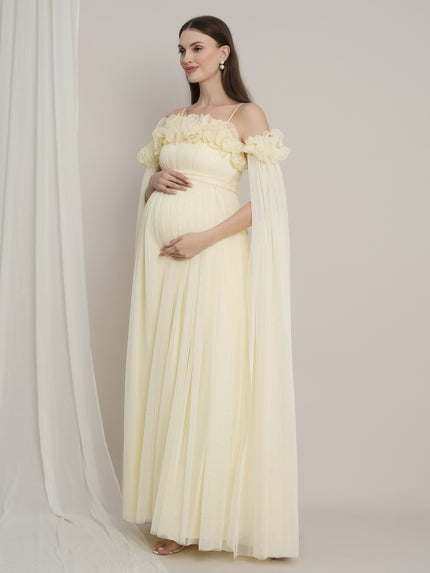 Butter Yellow Maternity Baby Shower Photoshoot Gown with Detachable Sleeves
