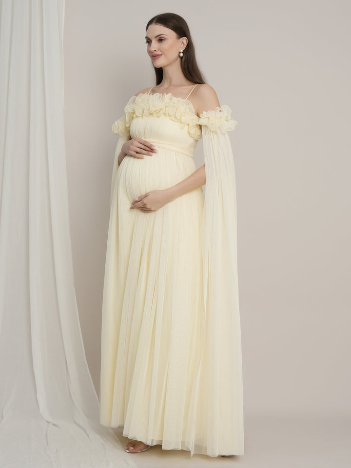 Butter Yellow Maternity Baby Shower Photoshoot Gown with Detachable Sleeves