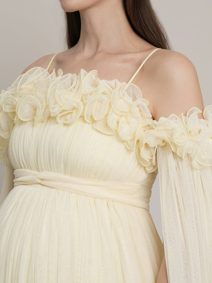 Butter Yellow Maternity Baby Shower Photoshoot Gown with Detachable Sleeves
