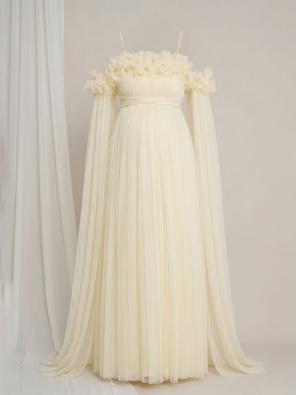 Butter Yellow Maternity Baby Shower Photoshoot Gown with Detachable Sleeves