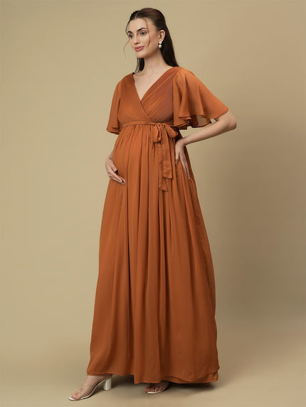 Caramel Maternity Pleated Gown