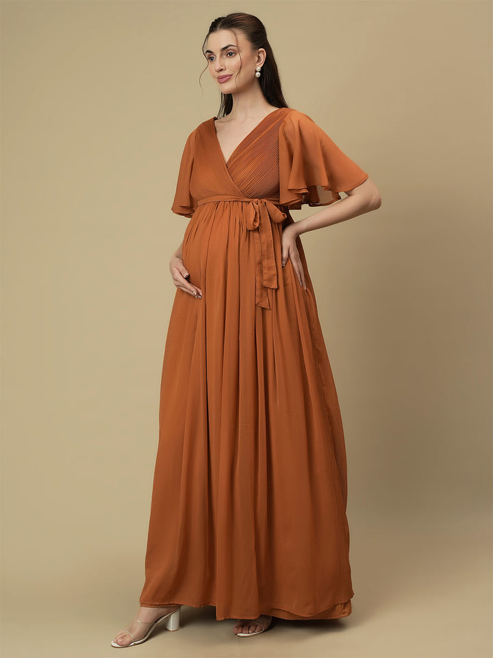 Caramel Maternity Pleated Gown