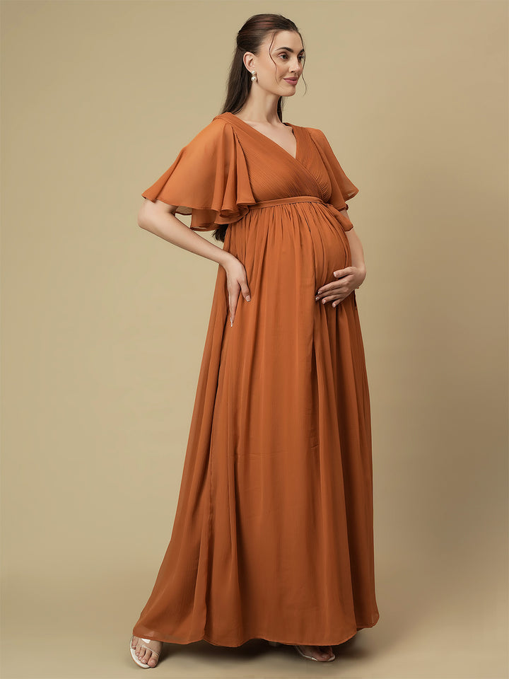 Caramel Maternity Pleated Gown