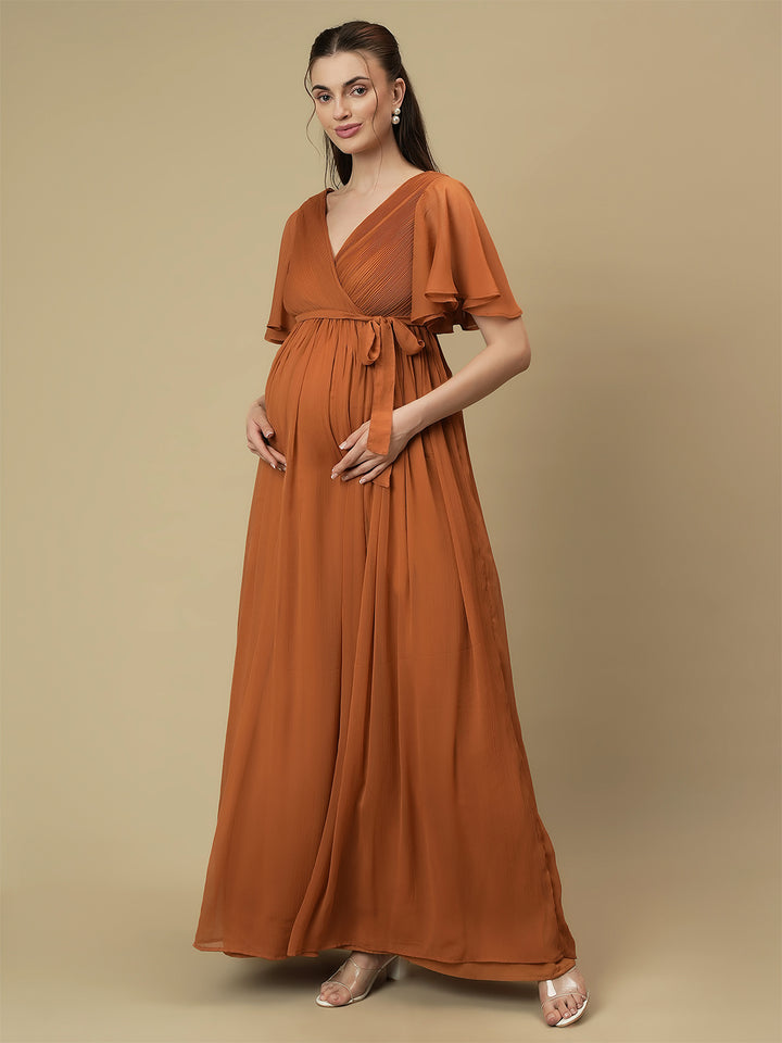 Caramel Maternity Pleated Gown