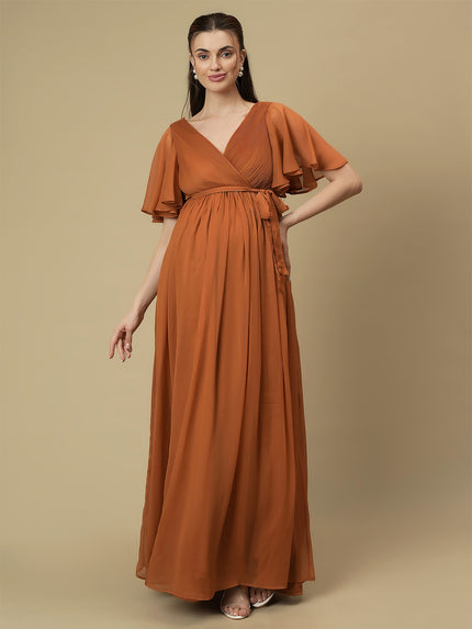 Caramel Maternity Pleated Gown