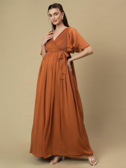 Caramel Maternity Pleated Gown