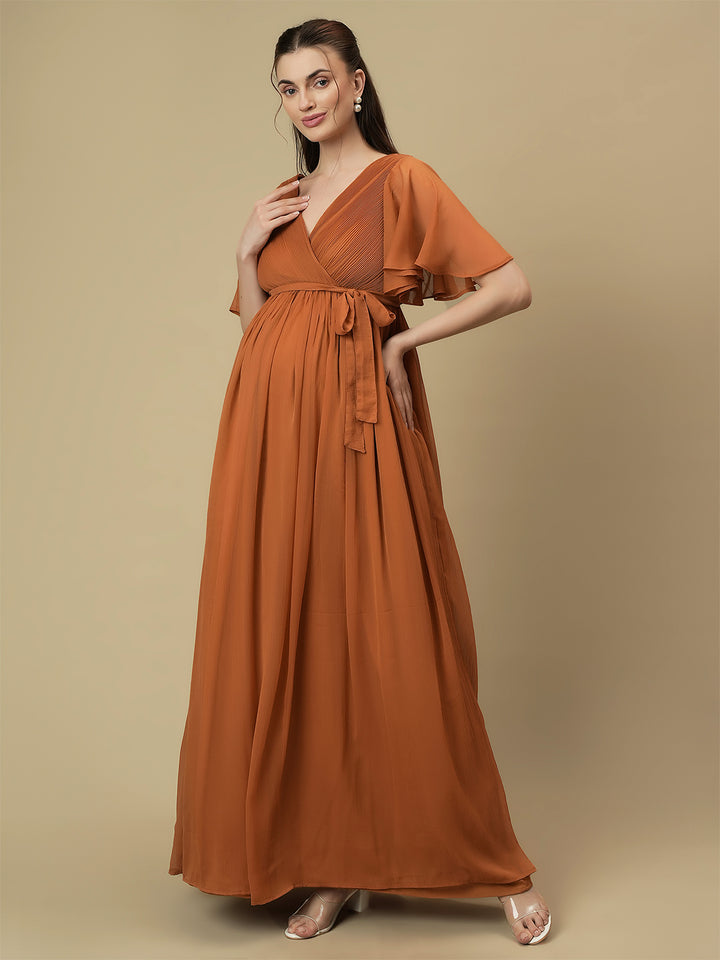 Caramel Maternity Pleated Gown