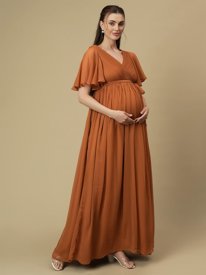 Caramel Maternity Pleated Gown