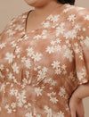 Close-up view of the bust area on the Casual Plus Size Floral Print Dress showing neckline, buttons, and floral print.