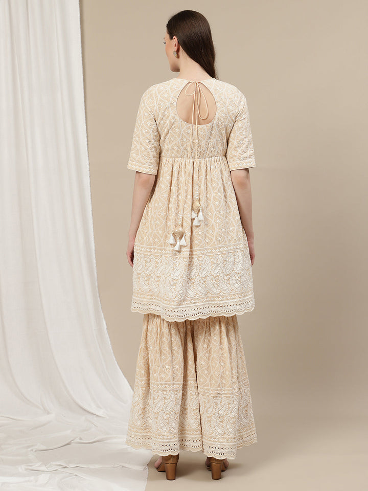 3pc. Maternity Embroidery Sharara Suit- Beige