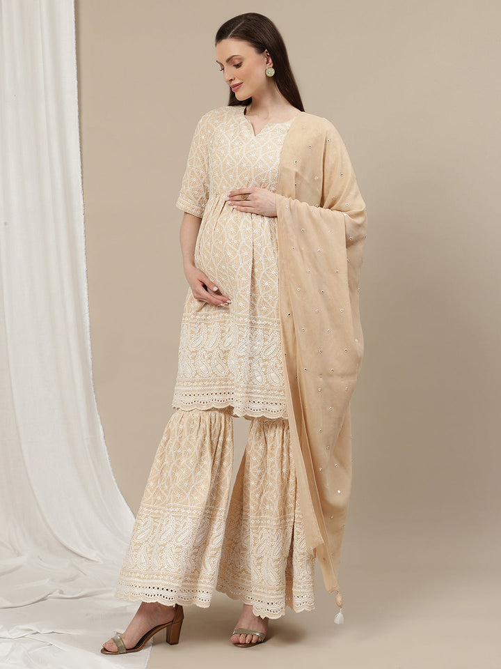 3pc. Maternity Embroidery Sharara Suit- Beige