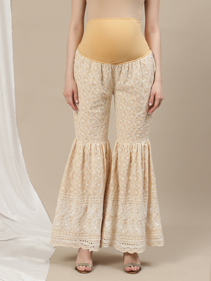 3pc. Maternity Embroidery Sharara Suit- Beige