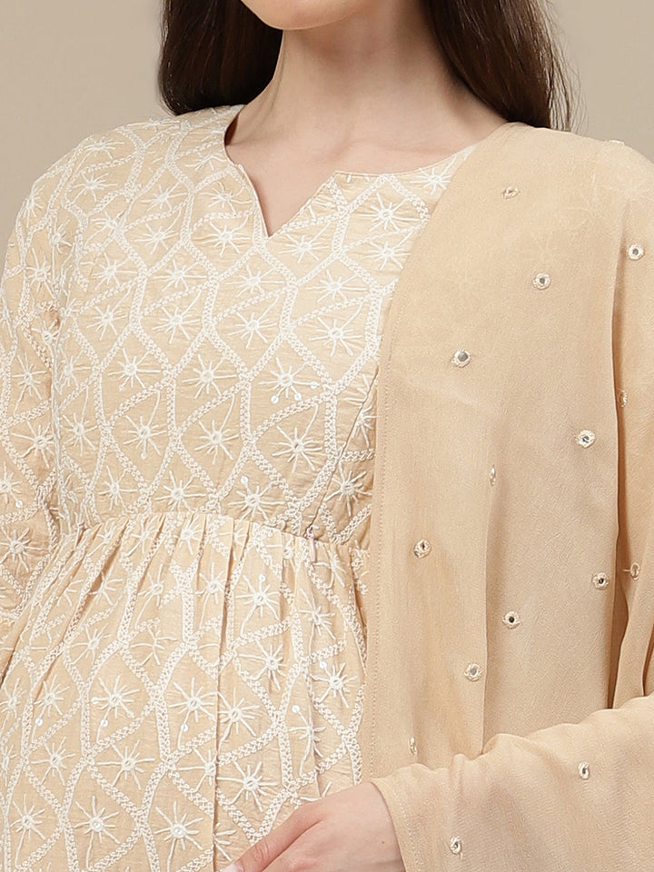 3pc. Maternity Embroidery Sharara Suit- Beige