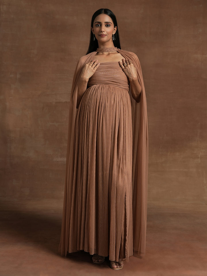 Cocoa Brown Maternity Gown with Draped Cape