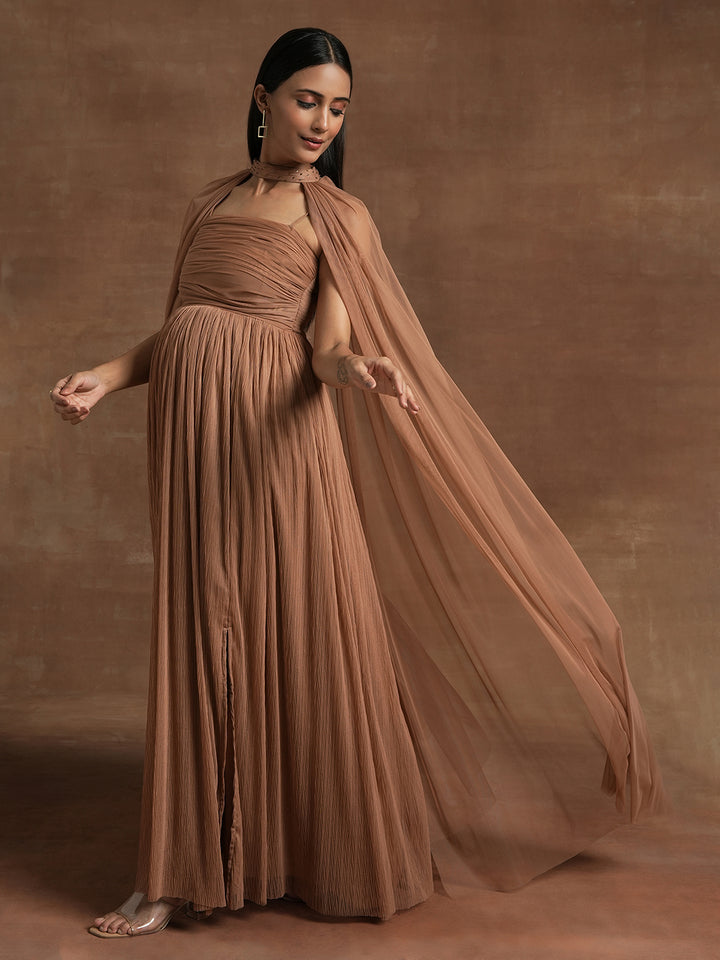 Cocoa Brown Maternity Gown with Draped Cape
