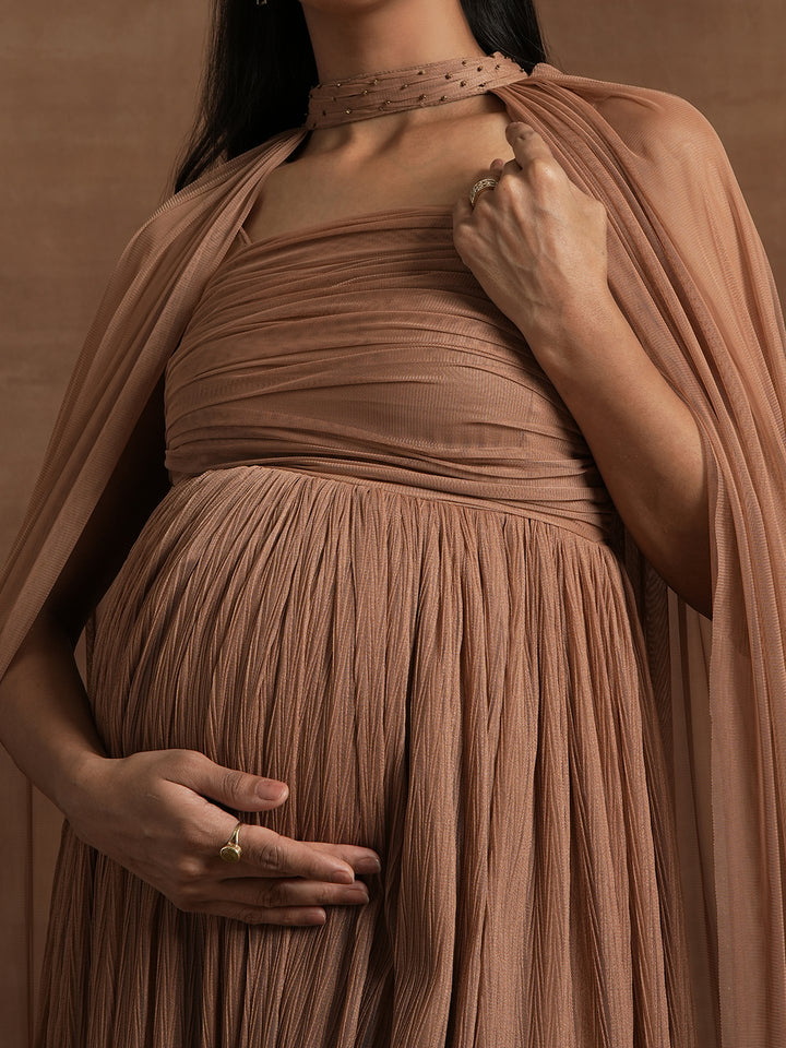 Cocoa Brown Maternity Gown with Draped Cape