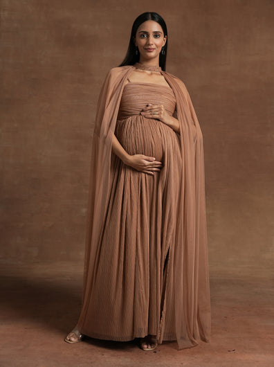 Cocoa Brown Maternity Gown with Draped Cape
