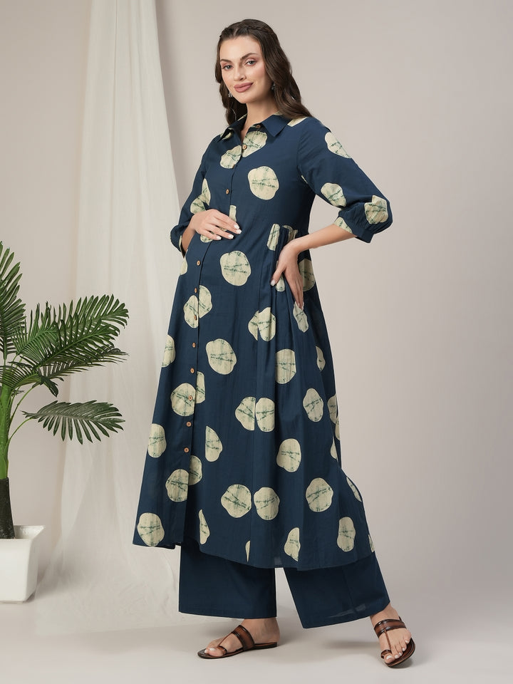 Blue Cotton Maternity & Nursing A-Line Kurta with Palazzo Set