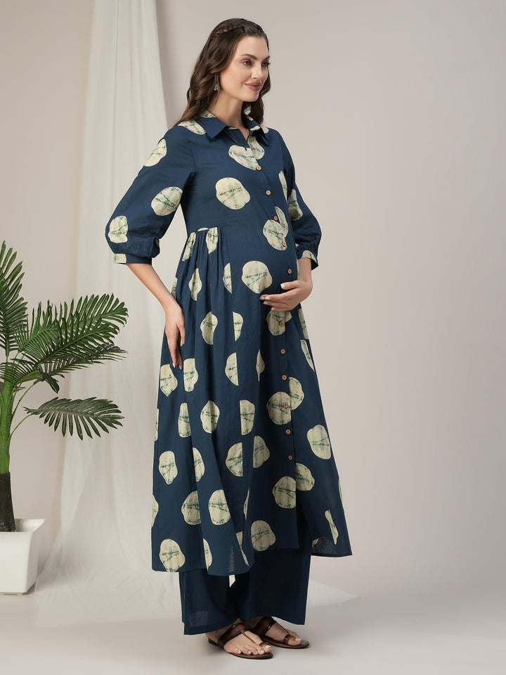 Blue Cotton Maternity & Nursing A-Line Kurta with Palazzo Set