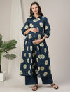 Blue Cotton Maternity & Nursing A-Line Kurta with Palazzo Set