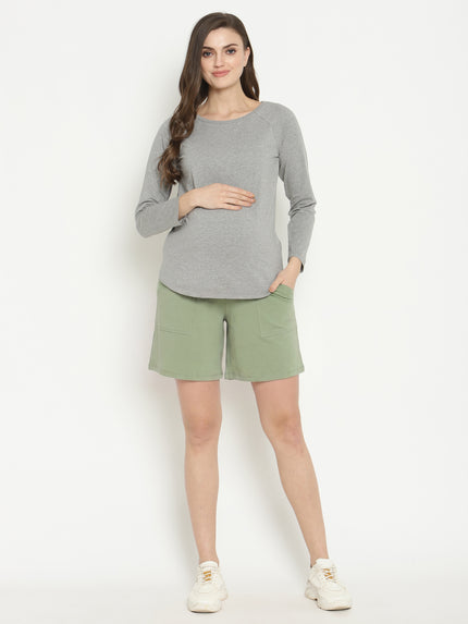 Maternity High-rise Over-belly Shorts with Adjustable Drawstring- Sage Green