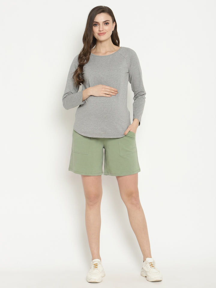 Maternity High-rise Over-belly Shorts with Adjustable Drawstring- Sage Green
