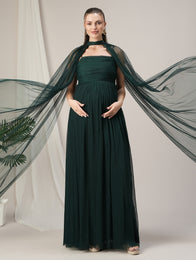 Dark Green Maternity Gown with Draped Cape