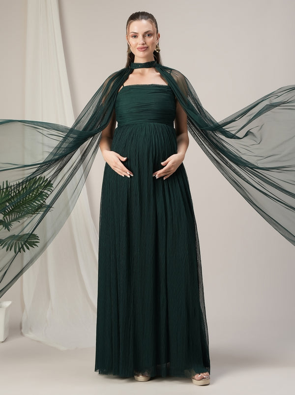 Dark Green Maternity Gown with Draped Cape