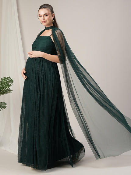 Dark Green Maternity Gown with Draped Cape