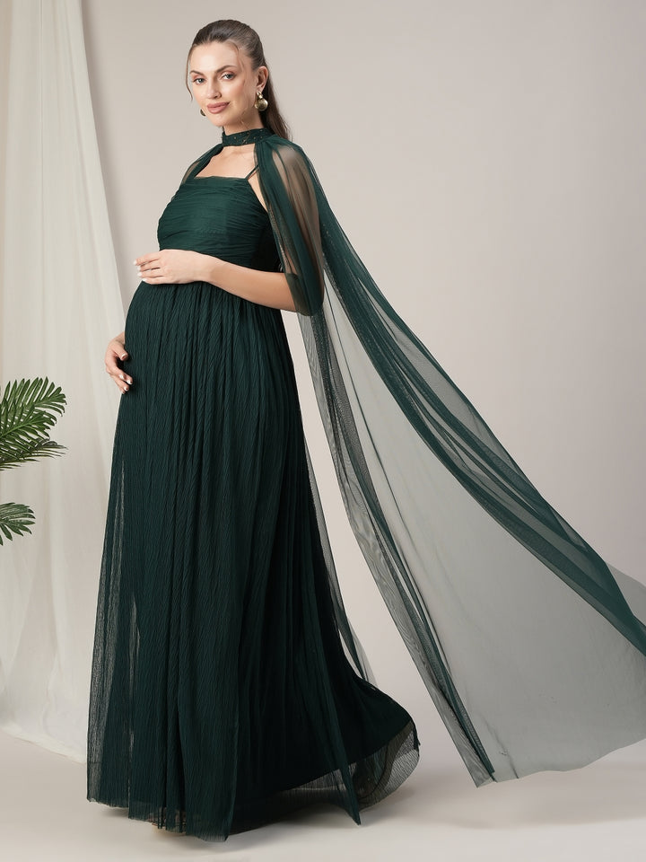 Dark Green Maternity Gown with Draped Cape