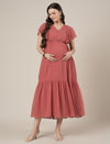 Peach Maternity & Nursing Midi Casual Dress with Sleeves