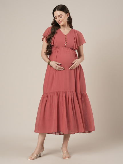 Peach Maternity & Nursing Midi Casual Dress with Sleeves
