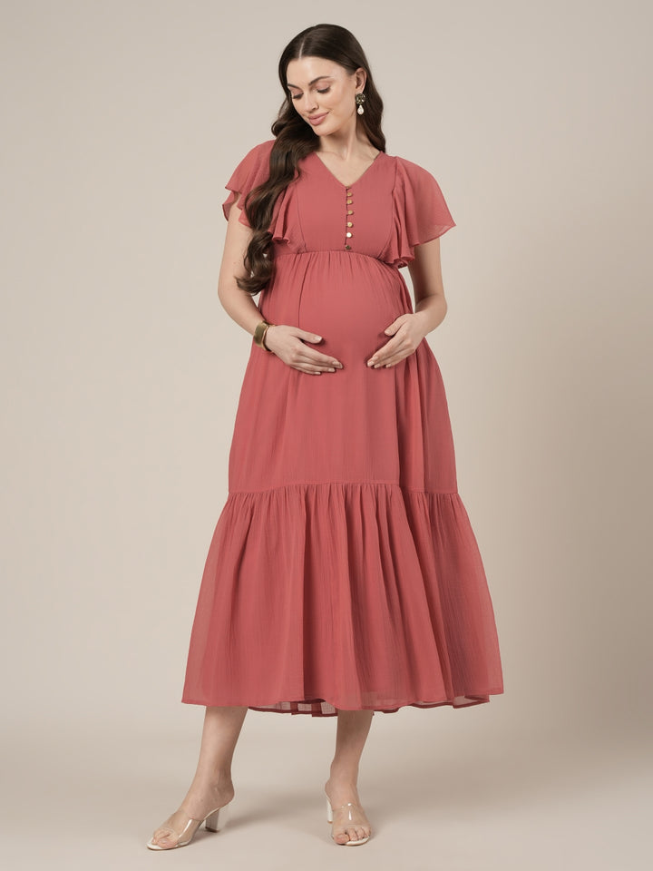 Peach Maternity & Nursing Midi Casual Dress with Sleeves