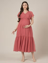 Peach Maternity & Nursing Midi Casual Dress with Sleeves