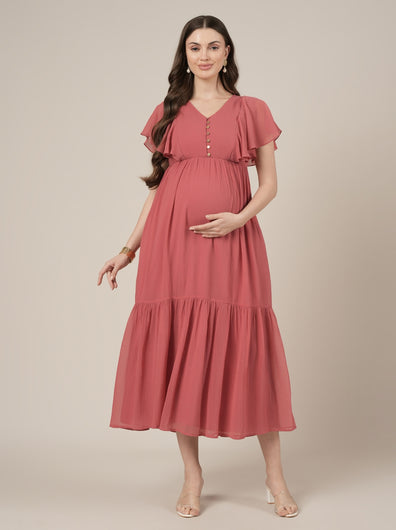 Peach Maternity & Nursing Midi Casual Dress with Sleeves