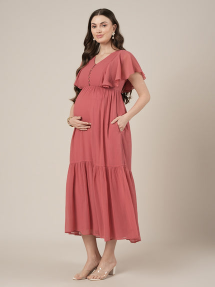 Peach Maternity & Nursing Midi Casual Dress with Sleeves